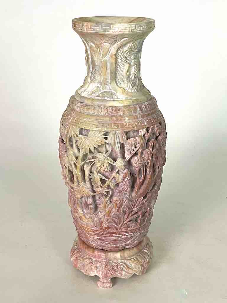 Solid Hand-Carved Soapstone Vietnamese Landscape Pink Vase