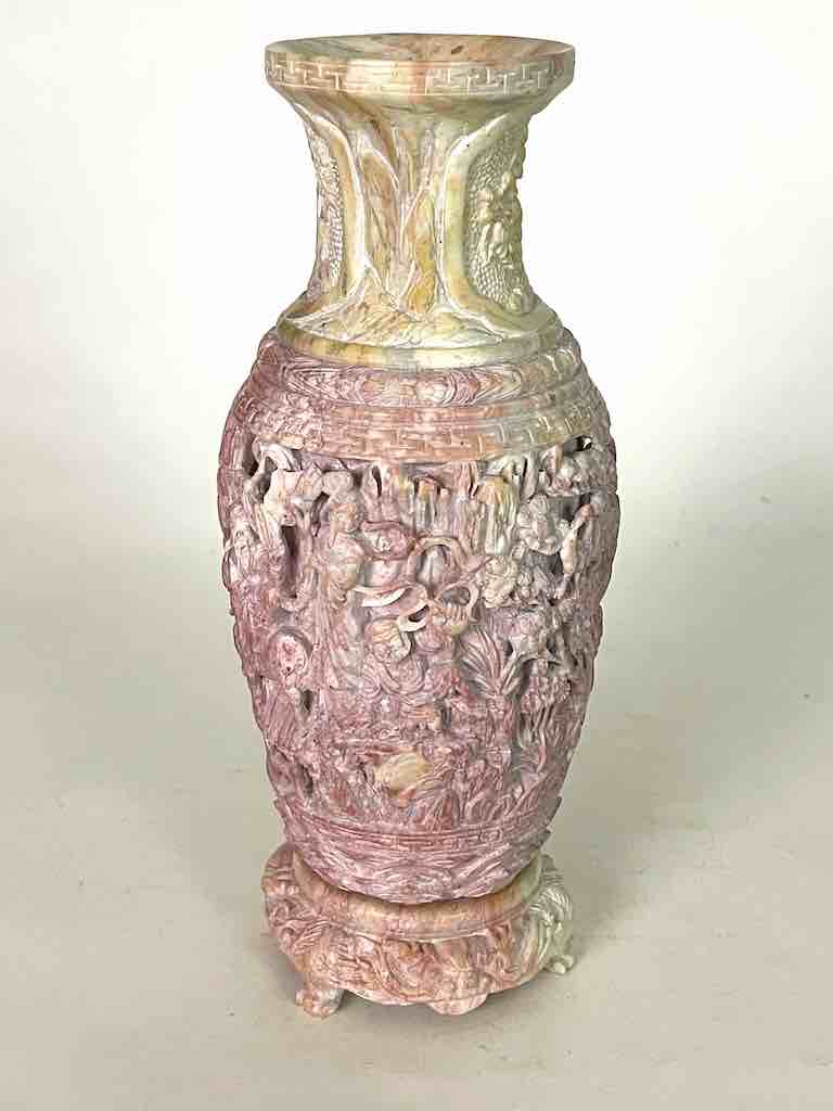 Solid Hand-Carved Soapstone Vietnamese Landscape Pink Vase