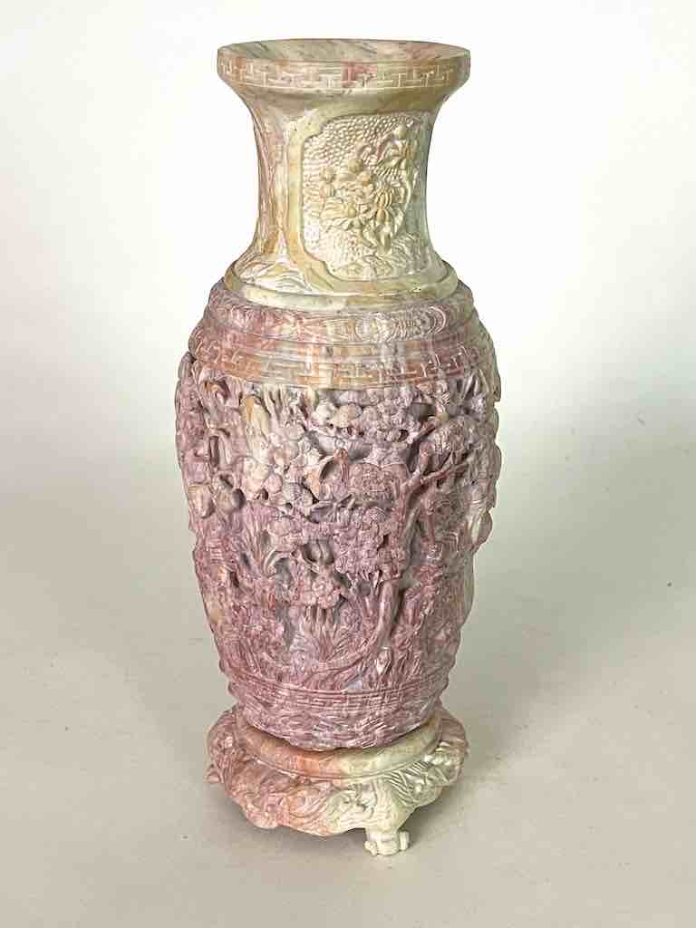 Solid Hand-Carved Soapstone Vietnamese Landscape Pink Vase