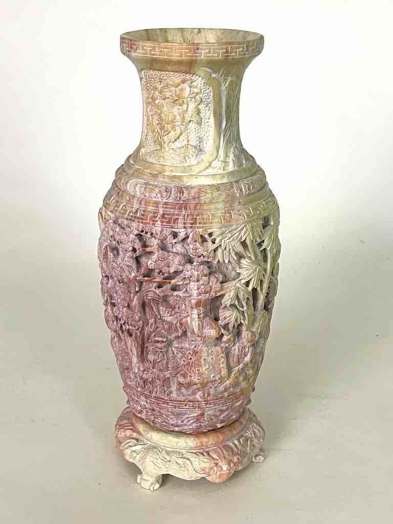 Solid Hand-Carved Soapstone Vietnamese Landscape Pink Vase