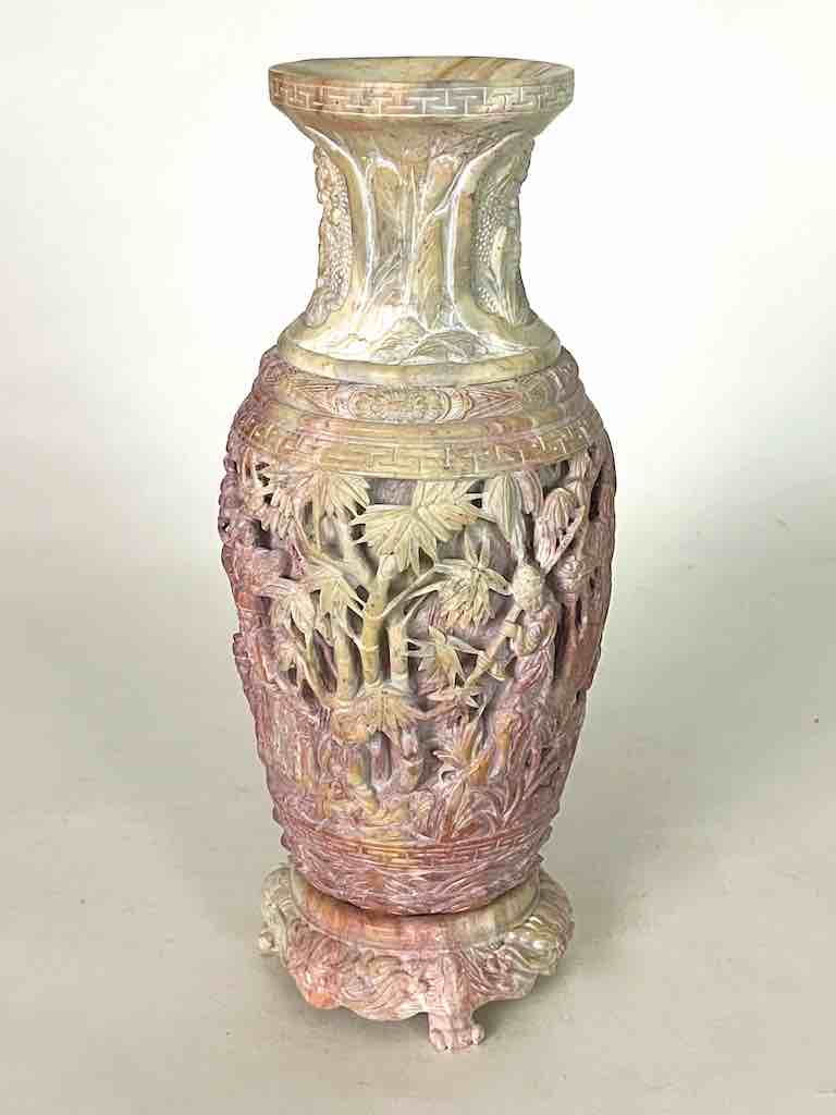 Solid Hand-Carved Soapstone Vietnamese Landscape Pink Vase