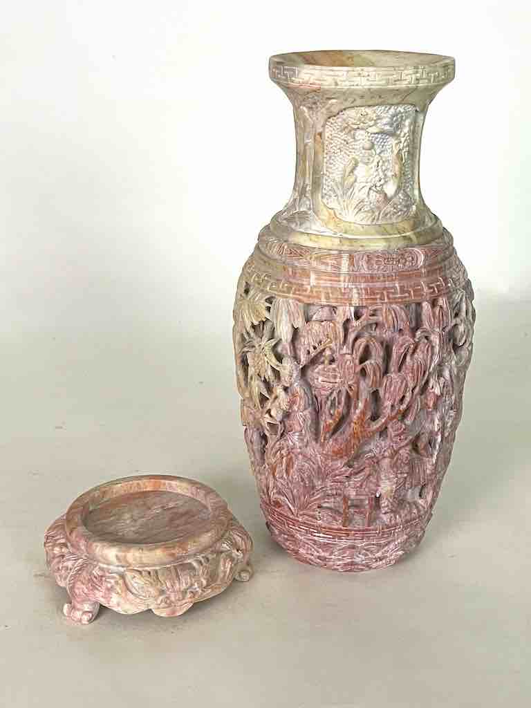 Solid Hand-Carved Soapstone Vietnamese Landscape Pink Vase
