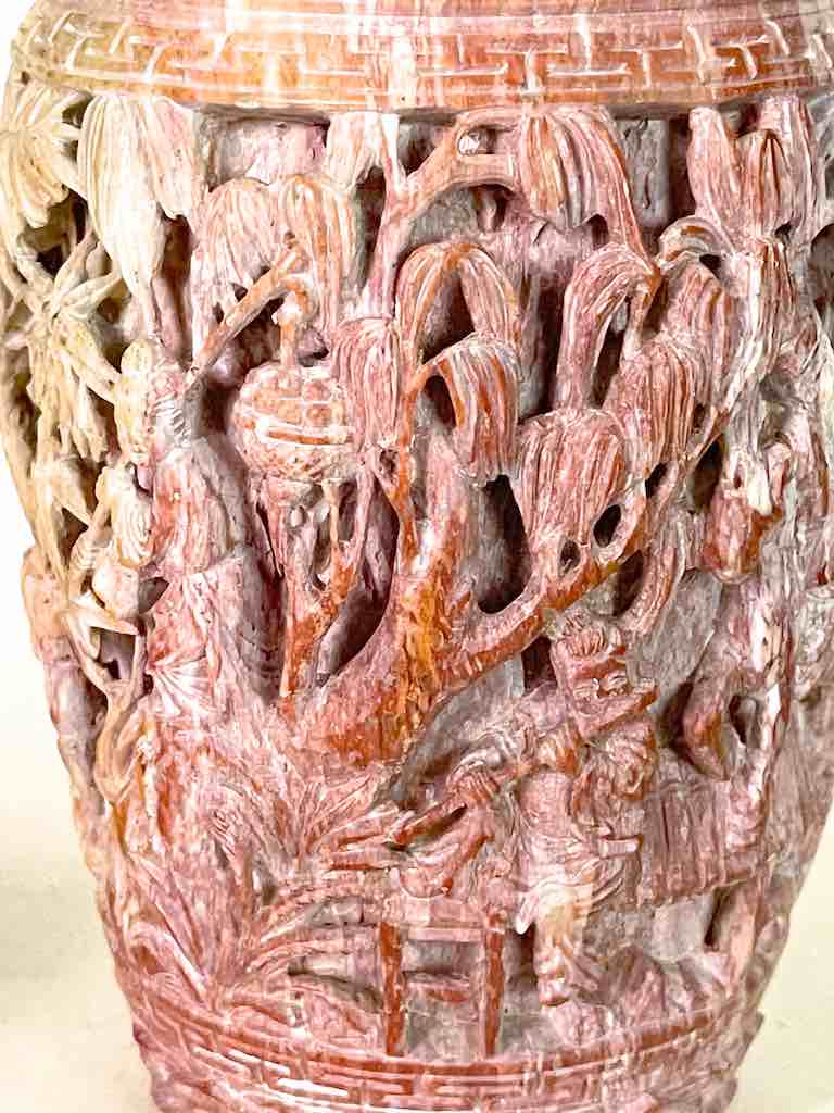 Solid Hand-Carved Soapstone Vietnamese Landscape Pink Vase