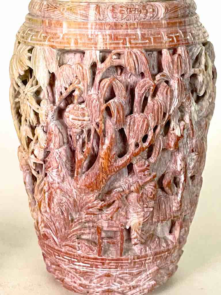 Solid Hand-Carved Soapstone Vietnamese Landscape Pink Vase