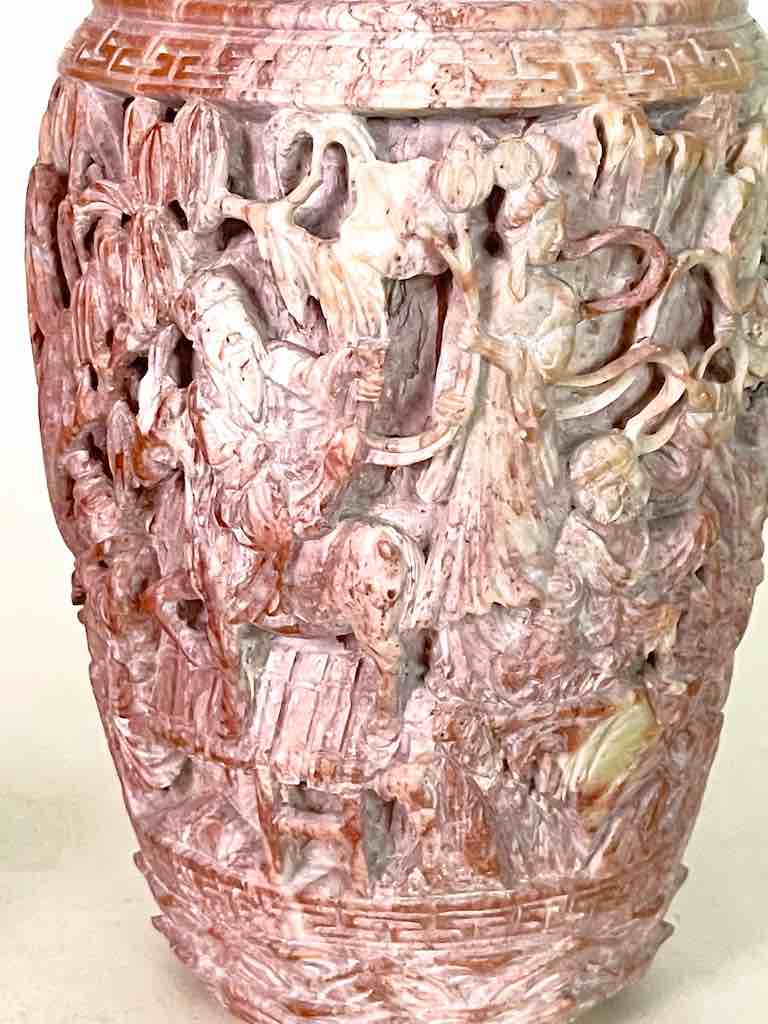 Solid Hand-Carved Soapstone Vietnamese Landscape Pink Vase