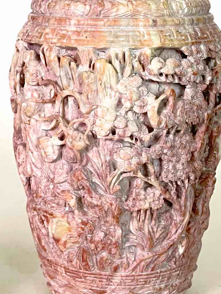 Solid Hand-Carved Soapstone Vietnamese Landscape Pink Vase
