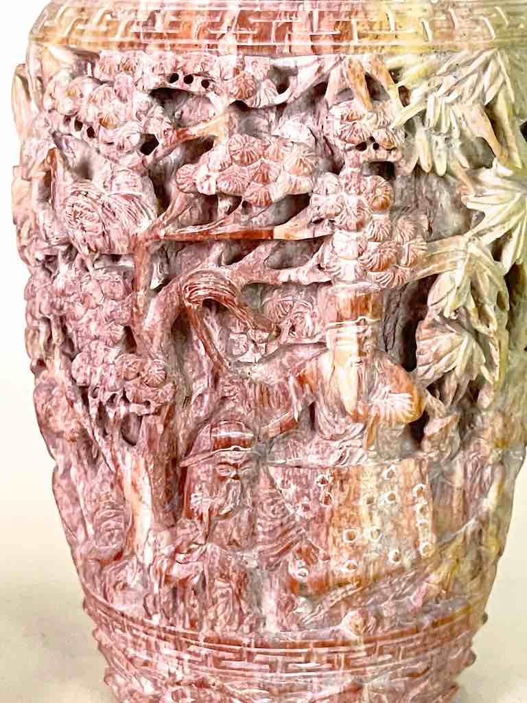Solid Hand-Carved Soapstone Vietnamese Landscape Pink Vase