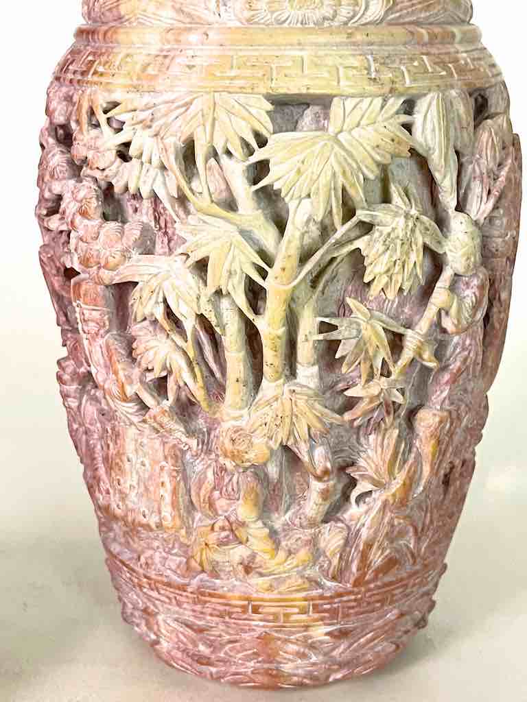 Solid Hand-Carved Soapstone Vietnamese Landscape Pink Vase