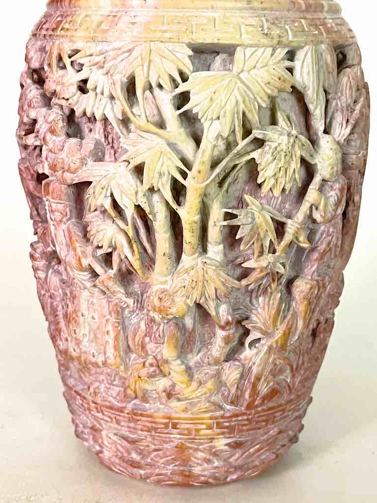 Solid Hand-Carved Soapstone Vietnamese Landscape Pink Vase