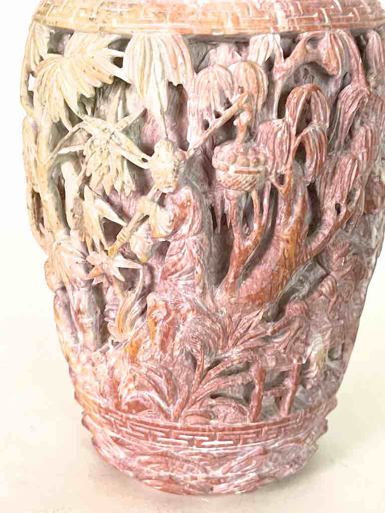 Solid Hand-Carved Soapstone Vietnamese Landscape Pink Vase