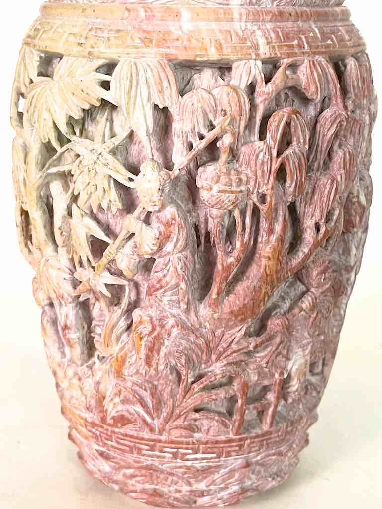 Solid Hand-Carved Soapstone Vietnamese Landscape Pink Vase