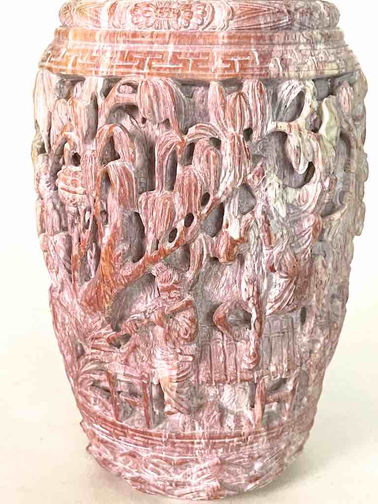 Solid Hand-Carved Soapstone Vietnamese Landscape Pink Vase