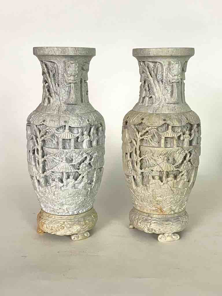 Solid Hand-Carved Soapstone Vietnamese Landscape White Vase