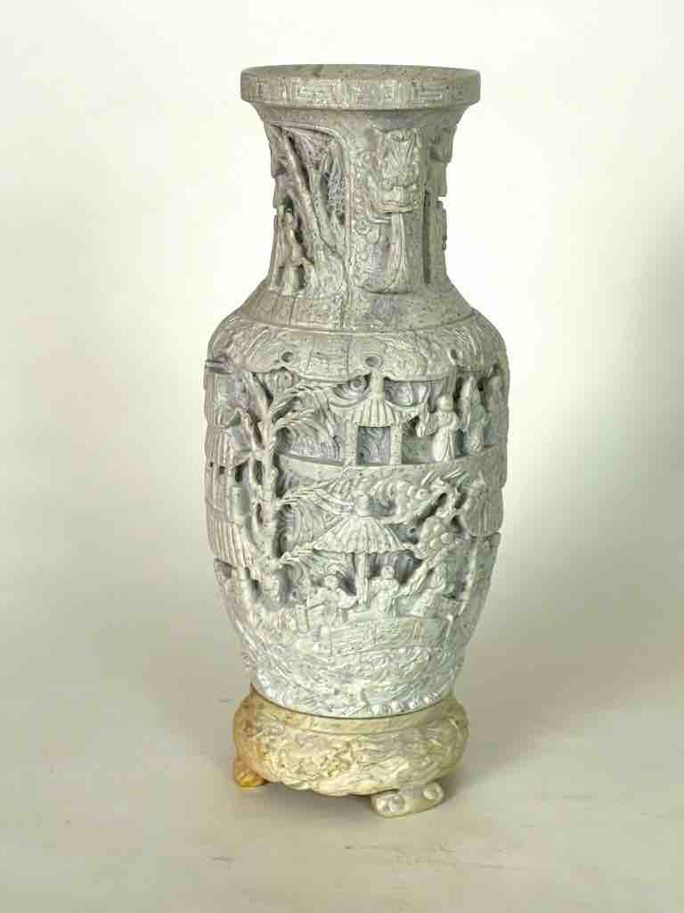 Solid Hand-Carved Soapstone Vietnamese Landscape White Vase