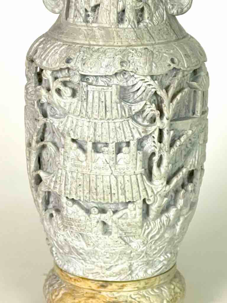 Solid Hand-Carved Soapstone Vietnamese Landscape White Vase