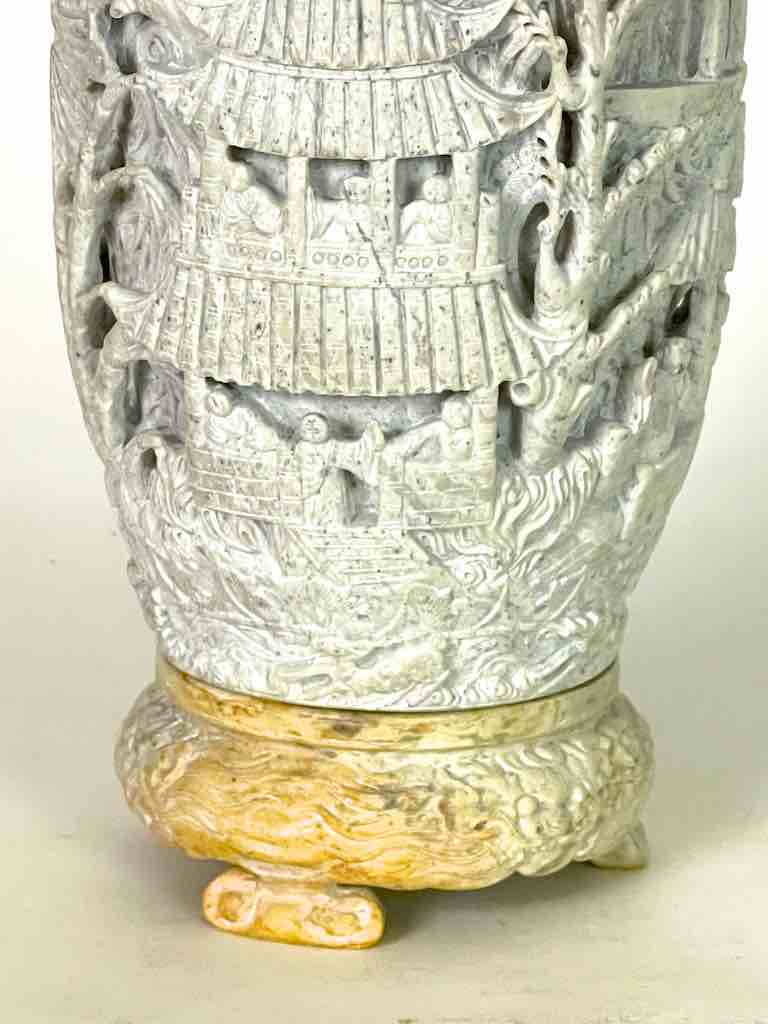 Solid Hand-Carved Soapstone Vietnamese Landscape White Vase