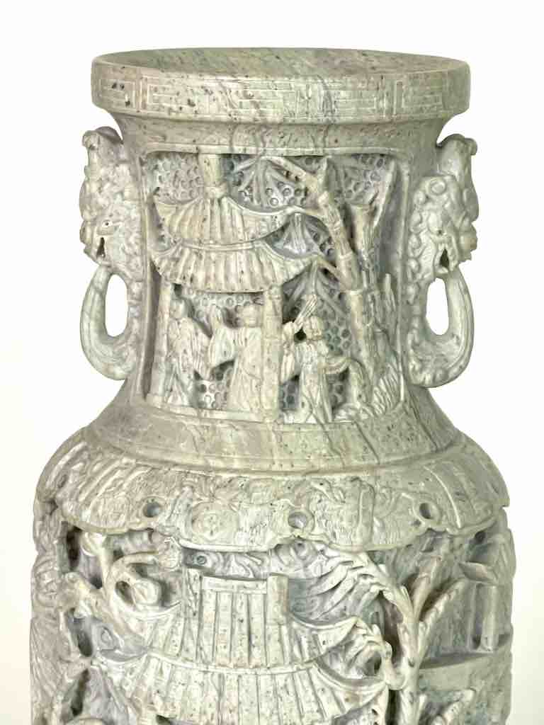 Solid Hand-Carved Soapstone Vietnamese Landscape White Vase