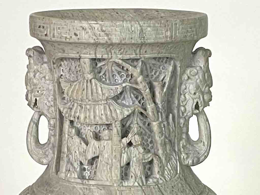 Solid Hand-Carved Soapstone Vietnamese Landscape White Vase