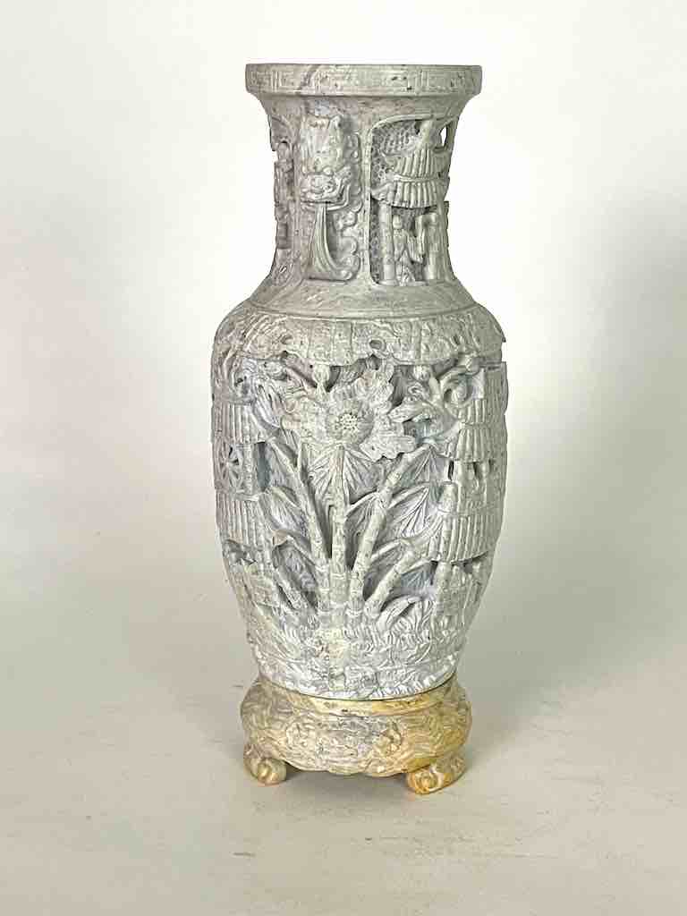 Solid Hand-Carved Soapstone Vietnamese Landscape White Vase
