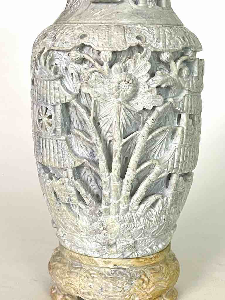 Solid Hand-Carved Soapstone Vietnamese Landscape White Vase