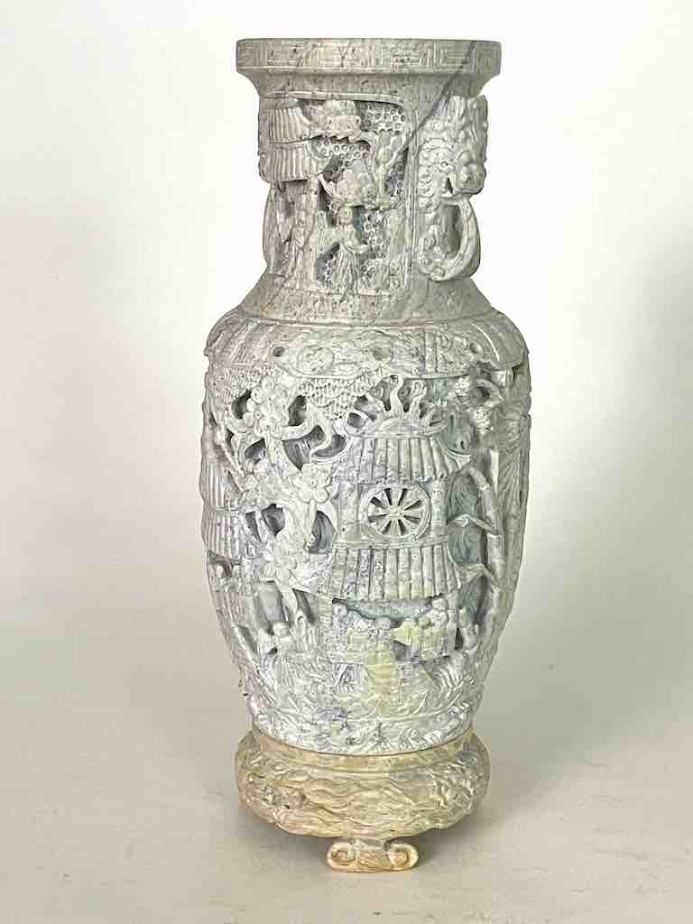 Solid Hand-Carved Soapstone Vietnamese Landscape White Vase