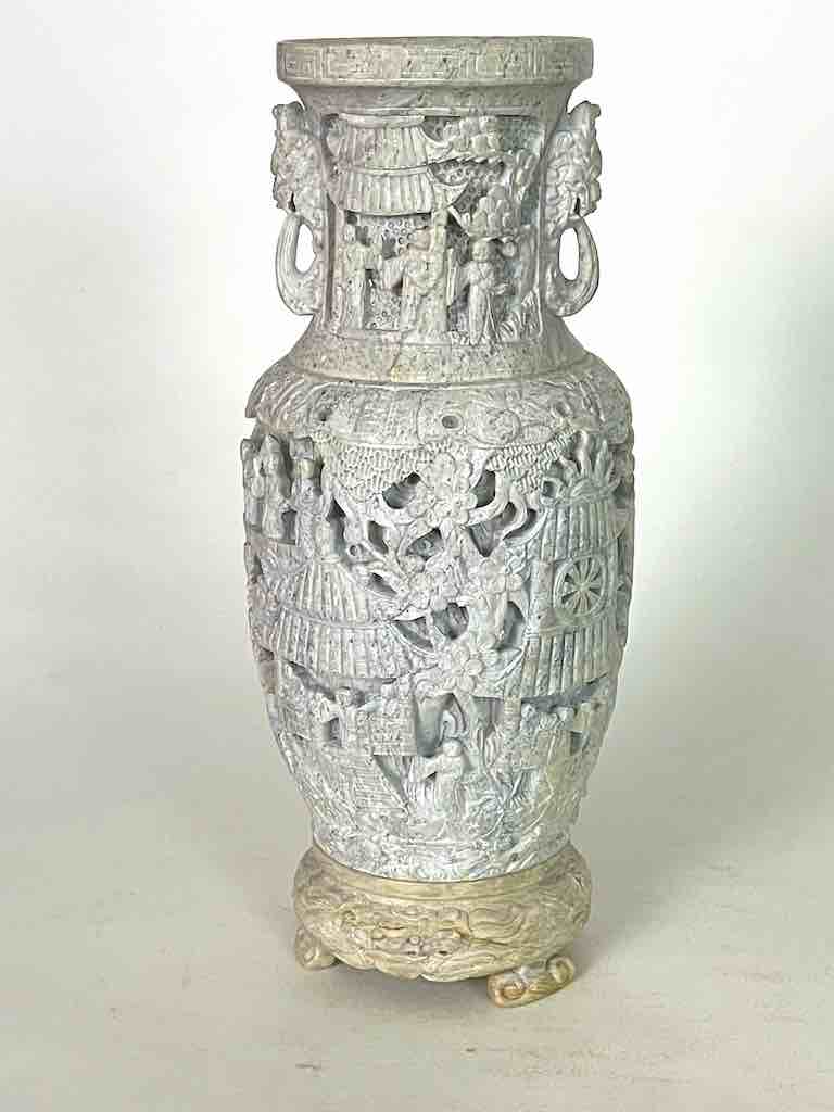 Solid Hand-Carved Soapstone Vietnamese Landscape White Vase