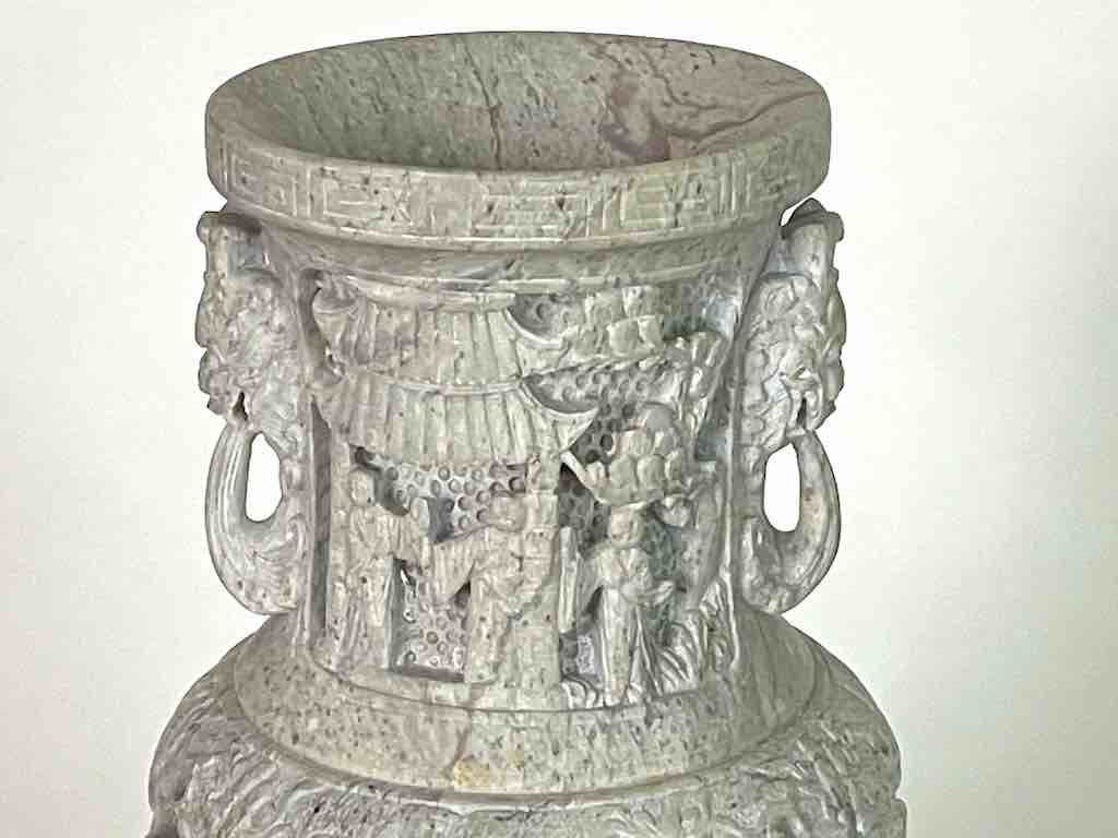 Solid Hand-Carved Soapstone Vietnamese Landscape White Vase