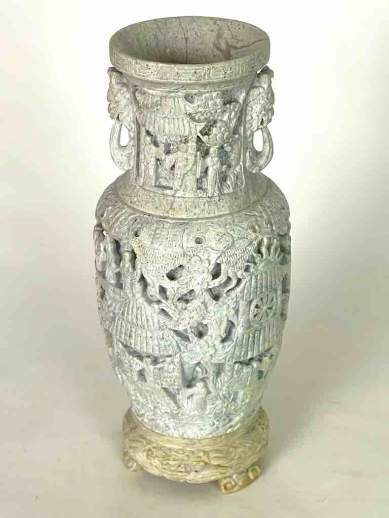 Solid Hand-Carved Soapstone Vietnamese Landscape White Vase