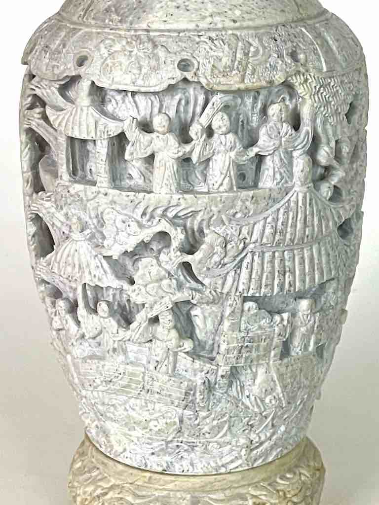 Solid Hand-Carved Soapstone Vietnamese Landscape White Vase