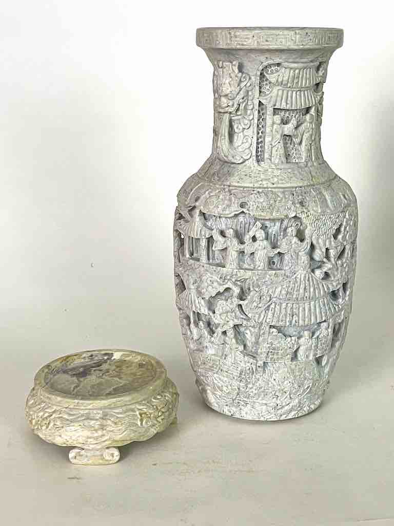 Solid Hand-Carved Soapstone Vietnamese Landscape White Vase