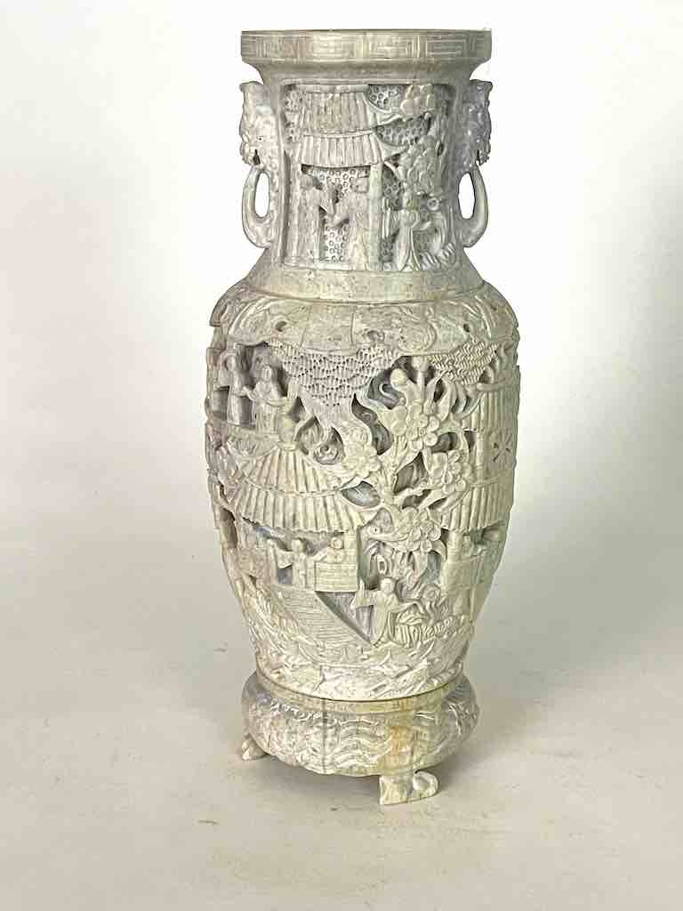 Solid Hand-Carved Soapstone Vietnamese Landscape White Vase
