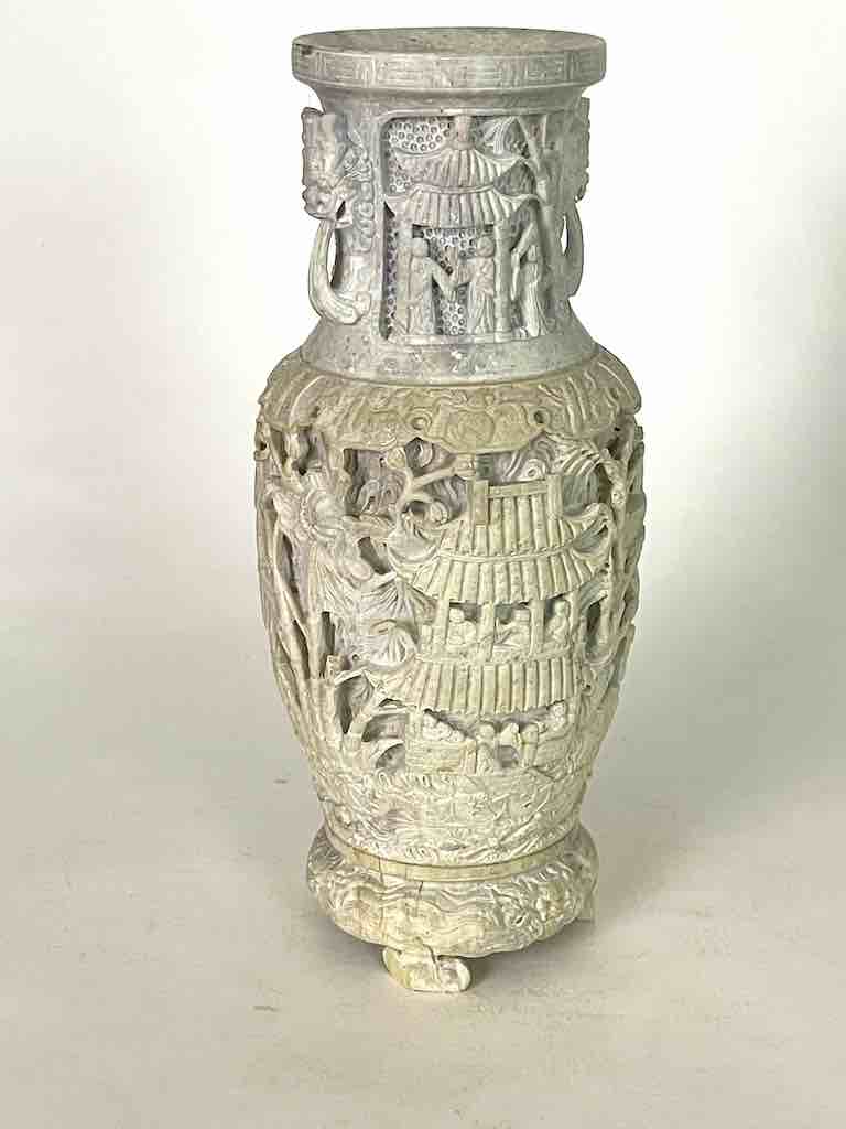 Solid Hand-Carved Soapstone Vietnamese Landscape White Vase