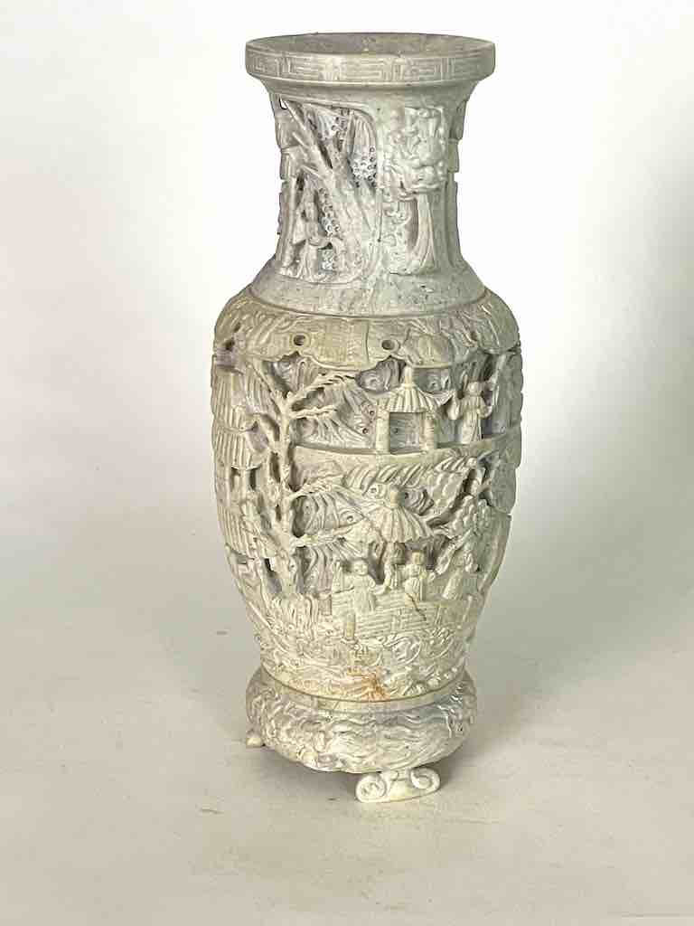Solid Hand-Carved Soapstone Vietnamese Landscape White Vase