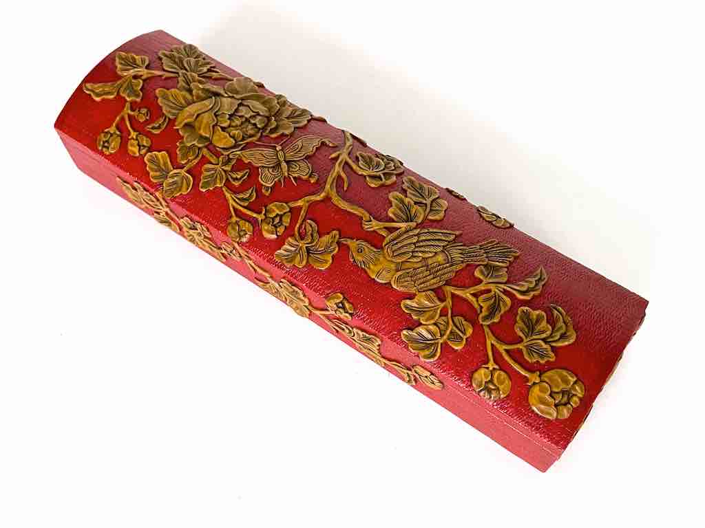 Roses, Bird, Butterfly Design - Long Red Domed Soapstone Trinket Decor Box