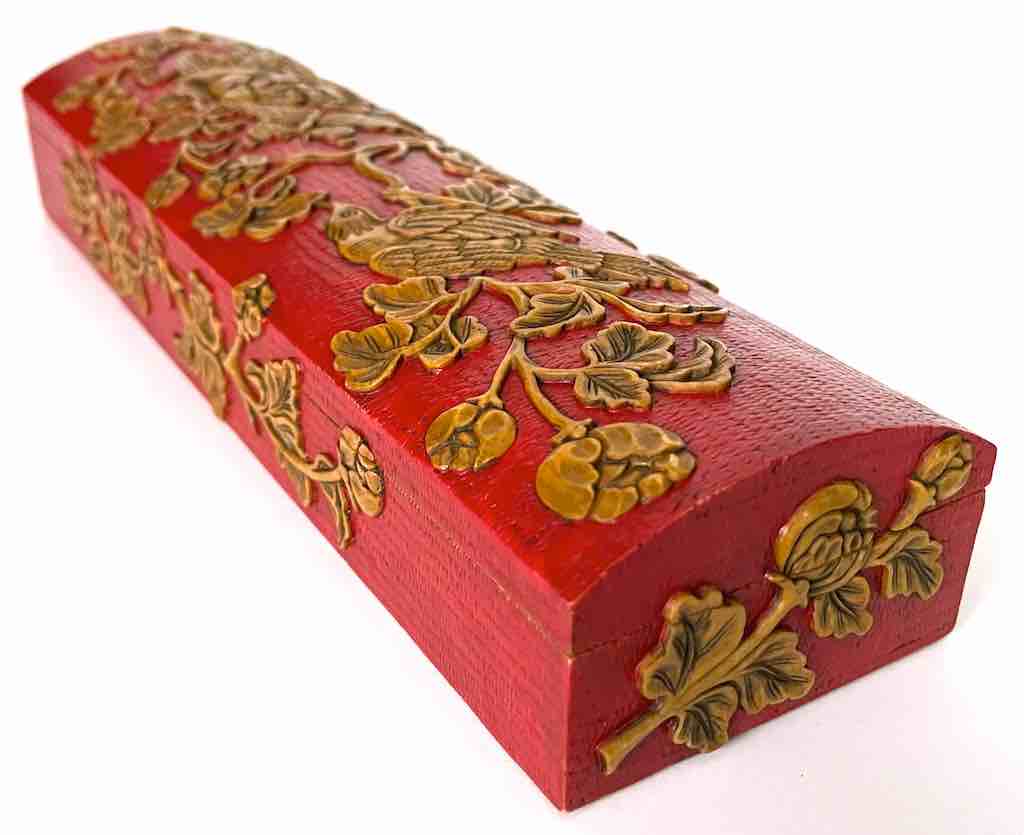 Roses, Bird, Butterfly Design - Long Red Domed Soapstone Trinket Decor Box