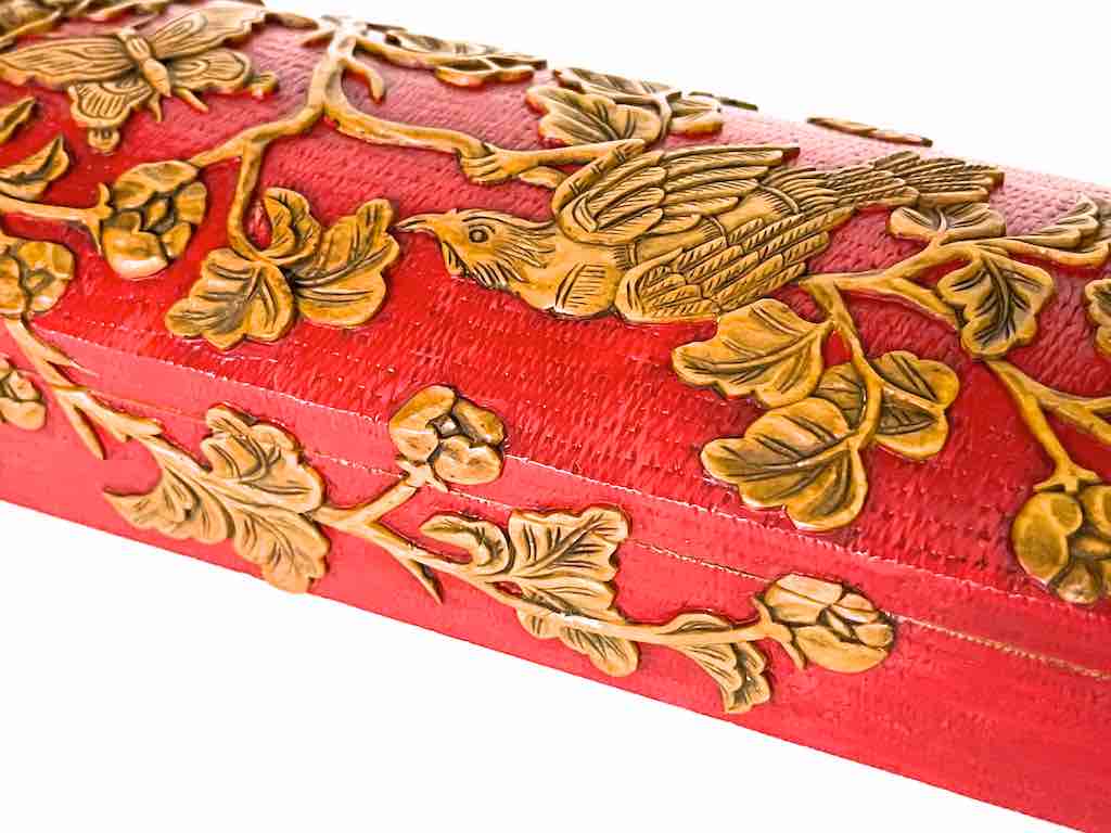 Roses, Bird, Butterfly Design - Long Red Domed Soapstone Trinket Decor Box