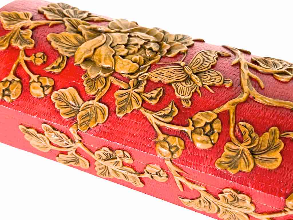 Roses, Bird, Butterfly Design - Long Red Domed Soapstone Trinket Decor Box