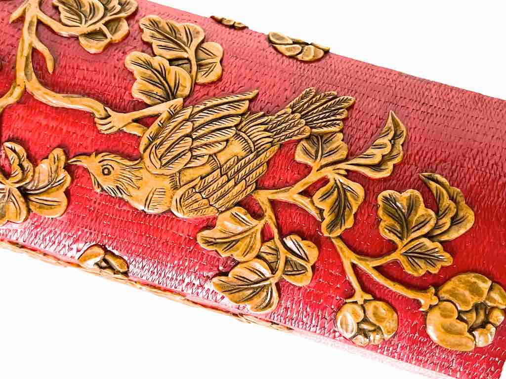 Roses, Bird, Butterfly Design - Long Red Domed Soapstone Trinket Decor Box