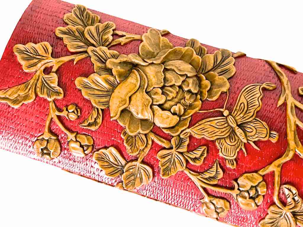Roses, Bird, Butterfly Design - Long Red Domed Soapstone Trinket Decor Box