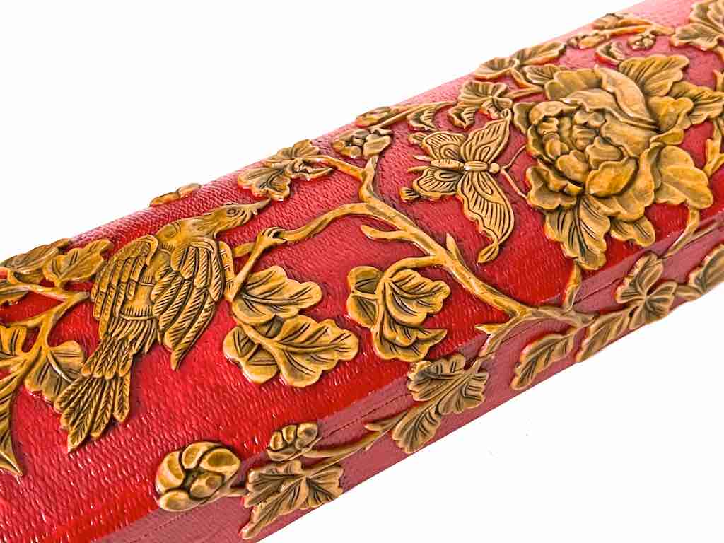 Roses, Bird, Butterfly Design - Long Red Domed Soapstone Trinket Decor Box