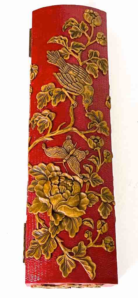 Roses, Bird, Butterfly Design - Long Red Domed Soapstone Trinket Decor Box