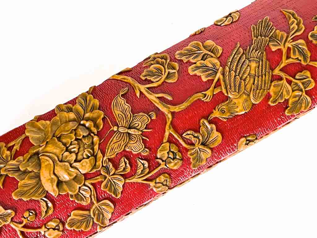 Roses, Bird, Butterfly Design - Long Red Domed Soapstone Trinket Decor Box
