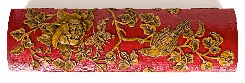 Roses, Bird, Butterfly Design - Long Red Domed Soapstone Trinket Decor Box
