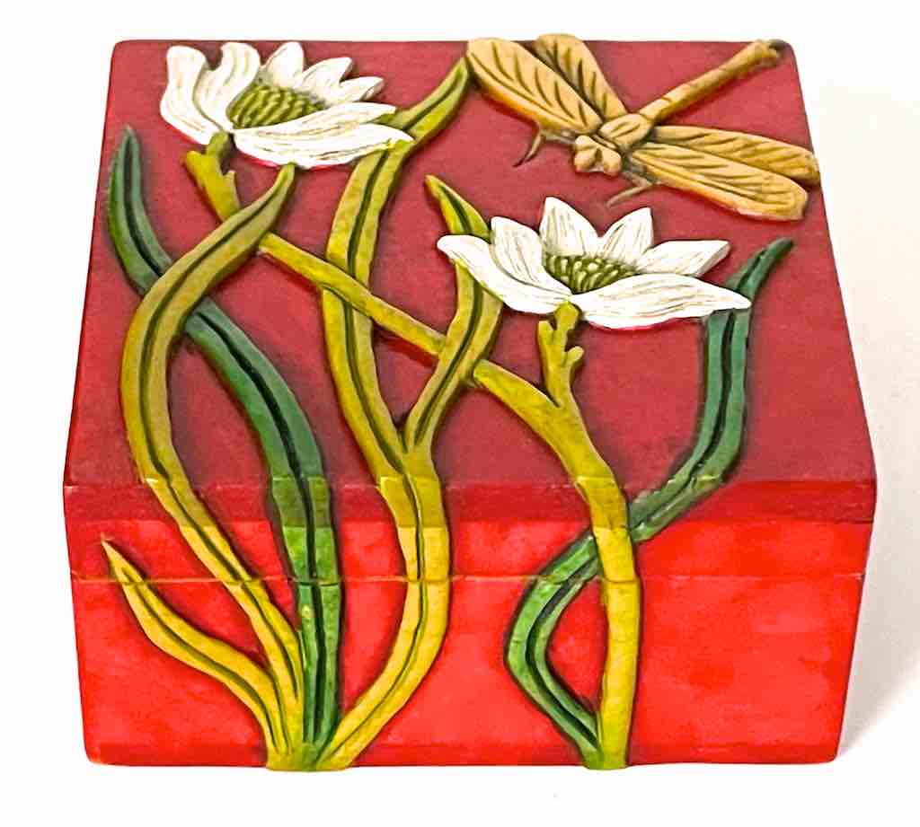Dragonfly Flowers Design - Small Red Square Soapstone Trinket Decor Box