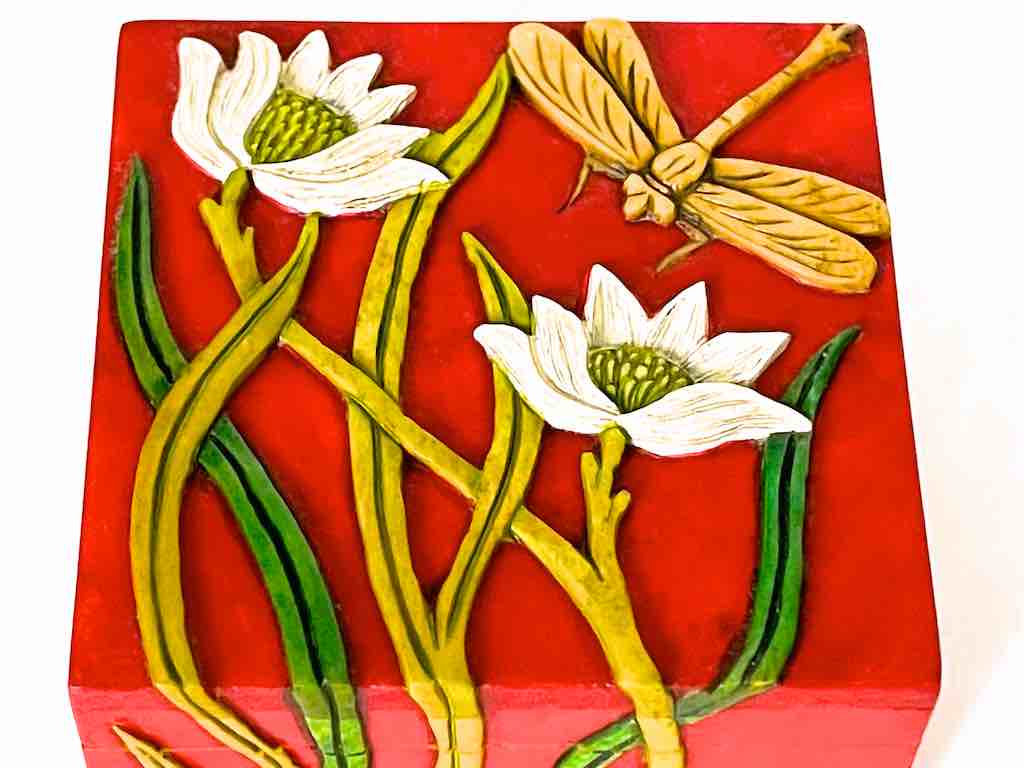 Dragonfly Flowers Design - Small Red Square Soapstone Trinket Decor Box