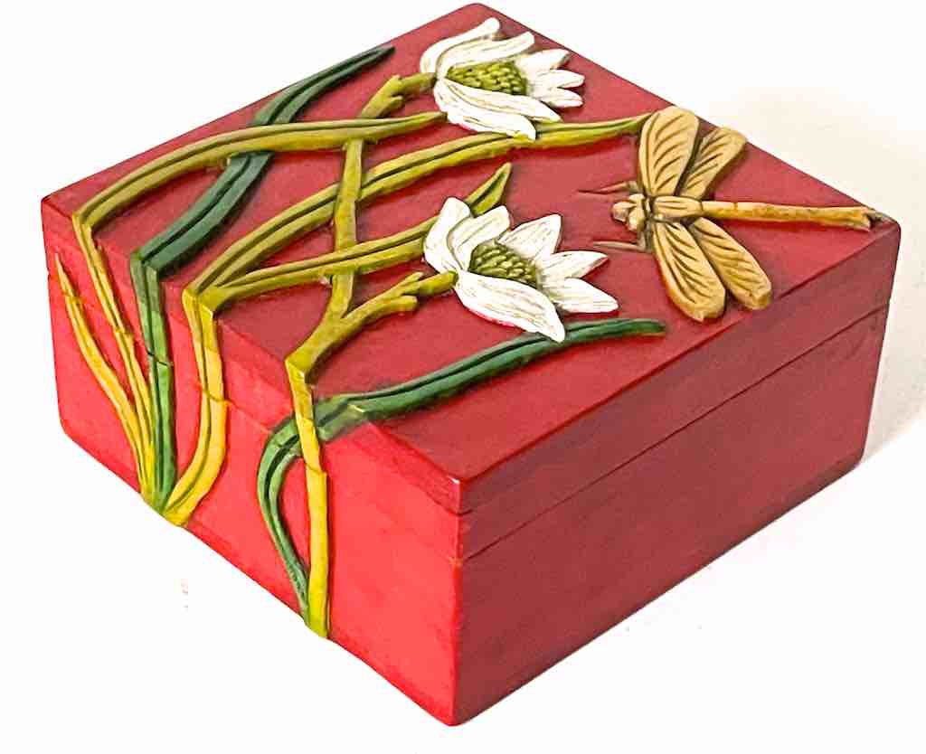 Dragonfly Flowers Design - Small Red Square Soapstone Trinket Decor Box