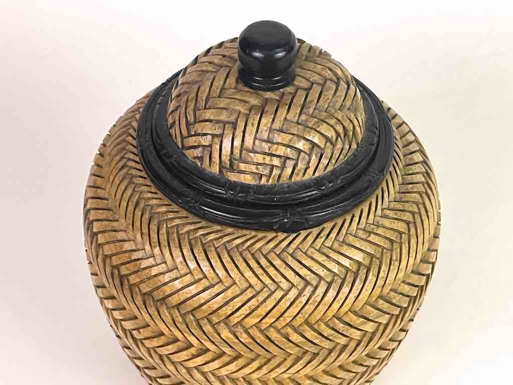 Wicker Weave Soapstone Trinket Decor Urn With Lid