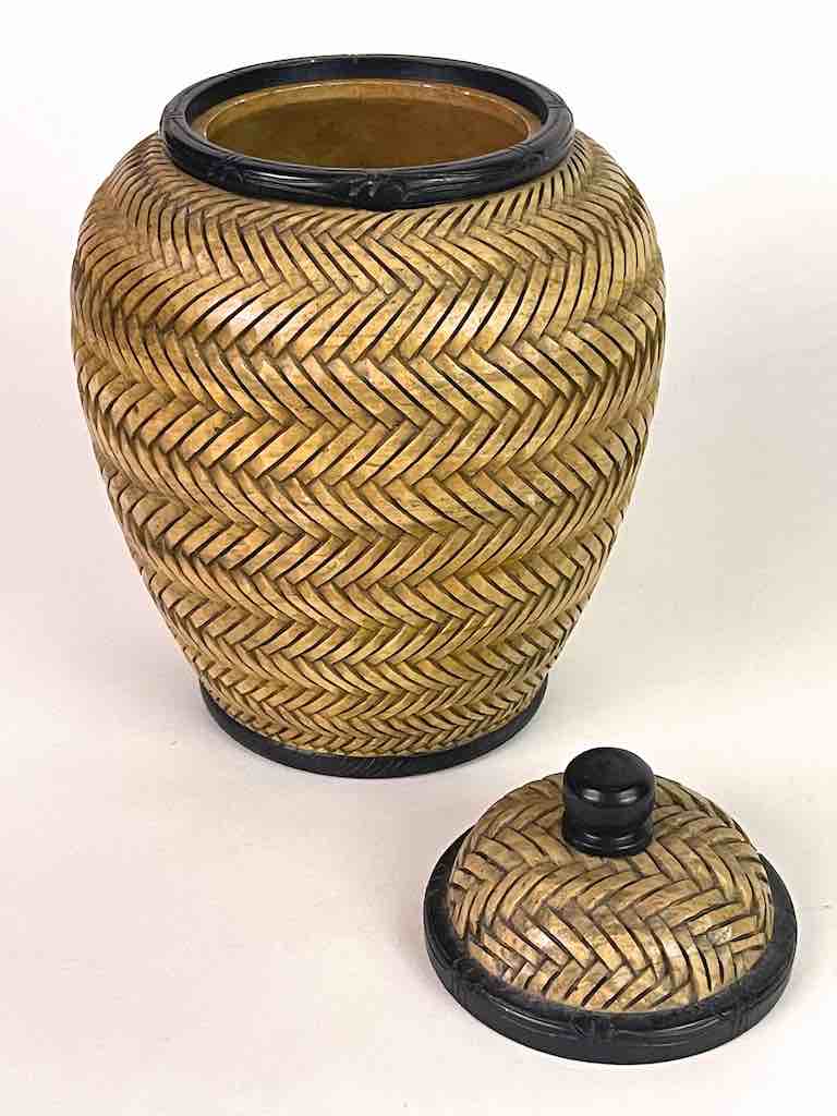 Wicker Weave Soapstone Trinket Decor Urn With Lid