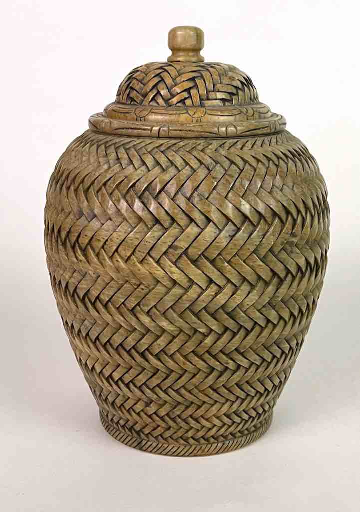 Wicker Weave Soapstone Trinket Decor Urn With Lid