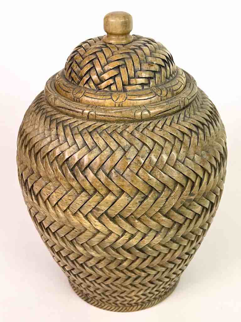 Wicker Weave Soapstone Trinket Decor Urn With Lid